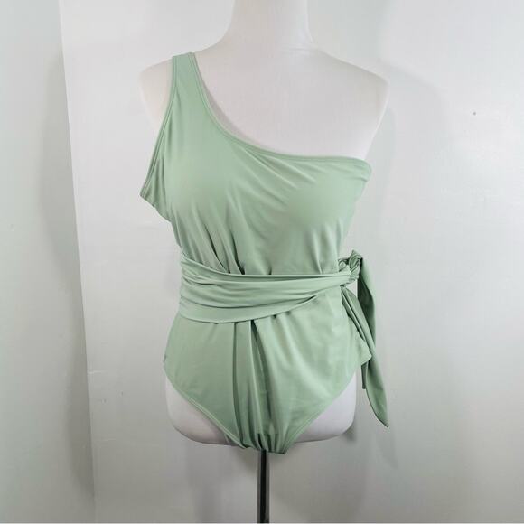 Pink Lily Pastel Mint Green One Shoulder Waist Tie One Piece Swim 3X - Picture 2 of 9